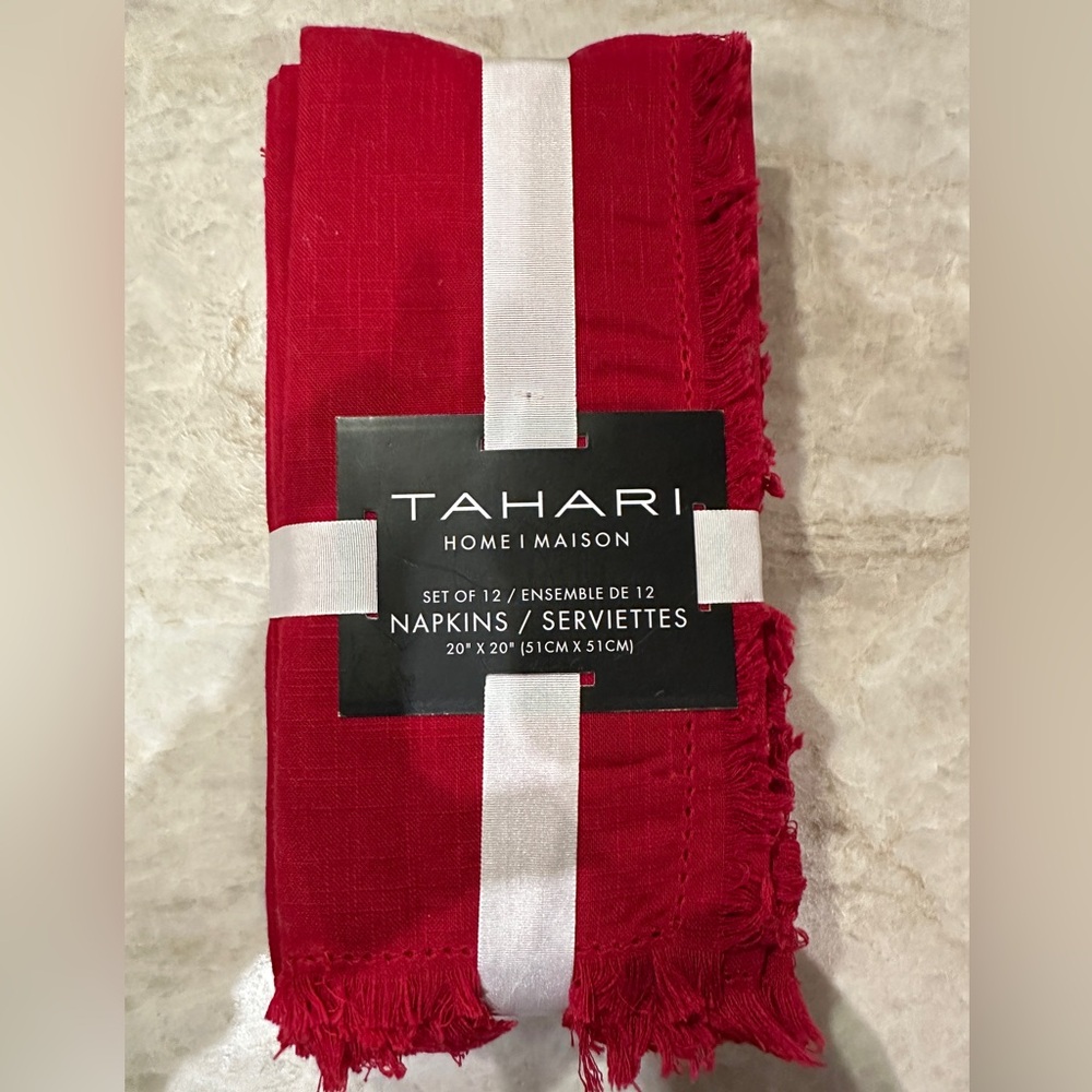 Tahari Red Cotton Dinner Napkins Set of 12 20x20 Fringe Table Linens
